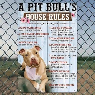 Imagem de Pôster Pitbulls House Rules Arte de parede de alumínio rústico e placa de metal - 20 x 30 cm, decoração vintage interna e externa para casa, escritório, café, quintal e jardim, fazenda