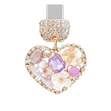 Imagem de ELISE & FONDA TP971 Tipo-C porta de carregamento cristal antipoeira plugue grande coração amor coração com flores pingente de celular para iPhone 15/16/Samsung/OnePlus/Xiaomi/oppo telefones Android