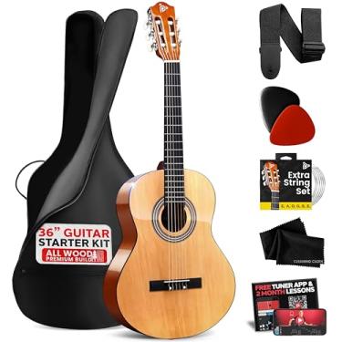 Imagem de Pyle Kit de guitarra acústica para iniciantes, 3/4 júnior instrumento de madeira para crianças, adultos, cinza natural de 91 cm