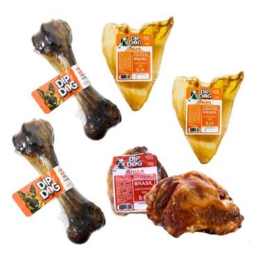 Imagem de Kit Mordedor 2 Orelha Bovina 2 Femur Suino 2 Rotula Natural dip dog