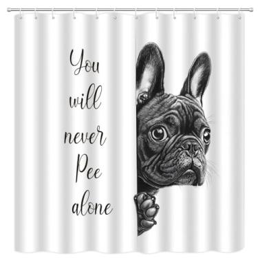 Imagem de VPUPCN Cortina de chuveiro de cachorro engraçado buldogue fofo animal de estimação citações engraçadas Você nunca vai fazer xixi sozinho cortinas de poliéster preto branco decoração de banheiro com