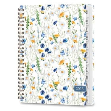Imagem de Agenda 2026, agenda diária acadêmica (janeiro de 2026 a dezembro de 2026), caderno de planejamento de capa dura para acessórios de escritório e material escolar, flores espalhadas