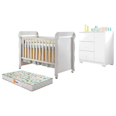 Imagem de Berço Americano Mirelle e Cômoda Infantil Duda Branco Brilho com Colchão Gazin – Phoenix Baby