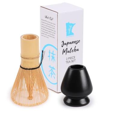 Imagem de Conjunto de batedores de chá Matcha – Conjunto de descanso de bambu e batedor preto, Golden Whisk + Black Rest