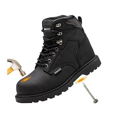 Imagem de TOSAFZXY Botas de segurança de trabalho masculinas de couro de cavalo maluco durável e indestrutível bico de aço à prova d'água e antiderrapante melhor aquecimento sapatos de trabalho masculinos tamanho 7-13, Preto, 9