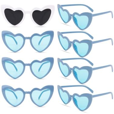Imagem de AMCAMI 8 pares de óculos de sol de despedida de solteira em forma de coração, decorações de festa, presentes de dama de honra, mulheres, meninas, Branco e azul, Medium