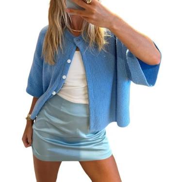 Imagem de Suéter de cardigã Yuemengxuan tricotado de manga curta azul para mulhe