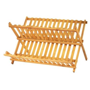 Imagem de Escorredor de Pratos Dobrável em Bambu, Design Compacto, Organizador de Cozinha.