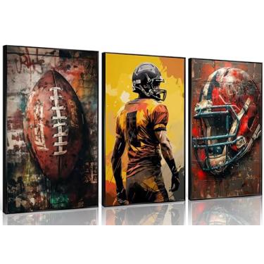 Imagem de Arte de parede em tela de futebol americano, 3 peças, grafite, rúgbi, colorido, legal, tema esportivo, pintura de parede, decoração de parede de jogador de futebol para quarto de crianças, quarto de