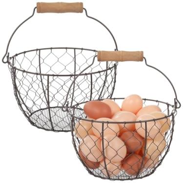 Imagem de Cestas de ovos de arame, 2 peças de coleta de galinhas de fazenda, armazenamentos de metal rústico com alça, suportes empilháveis para frutas, legumes, artigos diversos