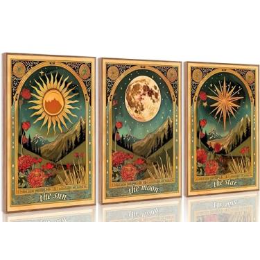 Imagem de Arte de parede em tela de tarô com 3 peças, sol, lua e estrela, astrologia mística, pinturas celestiais, imagens, decoração de parede, pôster impresso, arte para quarto, sala de estar, dormitório