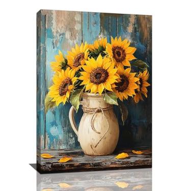Imagem de Crekviy Arte de parede de girassol vintage flor decoração de parede fazenda impressão em tela pintura amarelo floral imagens decoração para banheiro quarto sala de estar arte emoldurada presentes 40.6