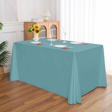 Imagem de Toalha de mesa retangular para banquetes, cor sólida, resistente, resistente a vincos, lavável, toalha de mesa de cetim, capa decorativa para mesa de jantar, buffet, festa e casamento, azul 140 x 200