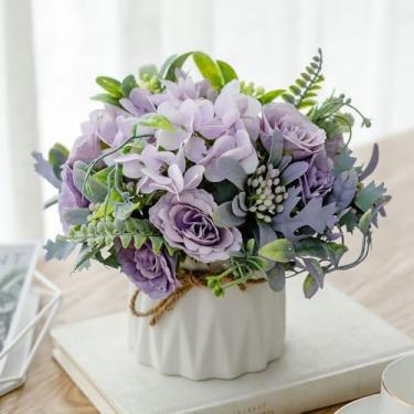 Imagem de TKAS Arranjo de flores falsas em vaso de cerâmica, rosas artificiais de seda sintética e hortênsia, peça central floral pequena realista de estilo seco para mesa de jantar, decoração de casa de festa