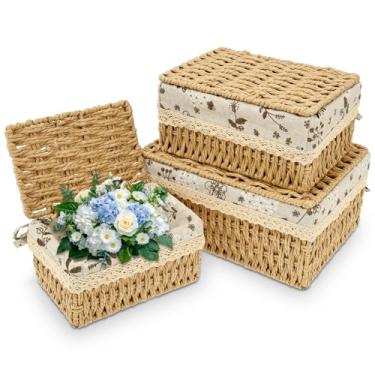 Imagem de Conjunto de 3 caixas de armazenamento de vime tecidas à mão com tampa, 3 tamanhos de cestas retangulares decorativas, cesta de vime para prateleiras, cesta de corda de papel para armazenamento de