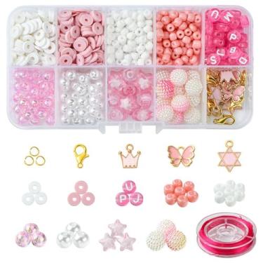 Imagem de MakemadeDIY 725 peças de kit de fabricação de joias rosa, incluindo contas de vidro acrílico rosa sortidas, pingentes de coroa de borboleta estrela para fazer pulseiras faça você mesmo, colares