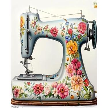 Imagem de WUIVCTR Pintura por números para adultos, máquina de costura impressa vintage, pintura por números em tela, arte de desenho de pintura DIY para presente iniciante, 41 x 50 cm, sem moldura