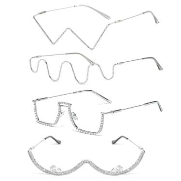 Imagem de PLKDJDM Armação de óculos de diamante sem moldura, sem lentes em forma de V, óculos de diamante sem moldura em forma de U para mulheres, Prata, 5.5 x 5.5 x 1.2 inches