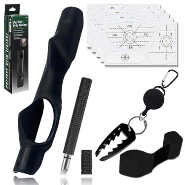 Imagem de Kit de treinamento de golfe 5 em 1: Treinador de aderência de golfe, auxílio de treinamento de balanço, etiquetas de fita de impacto de golfe, ferramenta de altura ajustável de camiseta e apontador de