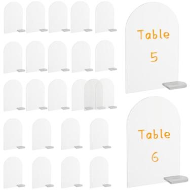 Imagem de Folhas de acrílico arqueadas com suportes para menu de bebidas e lista de casamento, 25 placas de mesa em branco