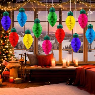 Imagem de Pacote com 12 enfeites de lâmpada de favo de mel de Natal – Decorações de papel penduradas de 30 cm em 6 cores para árvore de Natal, festas de fim de ano, decoração interna e externa