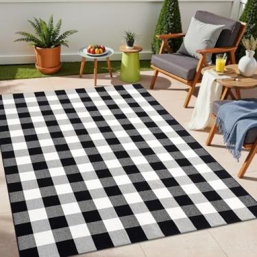 Imagem de OLANLY Tapete xadrez Buffalo 1,2 m x 1,8 m – Capacho xadrez de algodão preto e branco, tapete lavável para ambientes internos e externos em camadas para varanda, cozinha, decoração de entrada