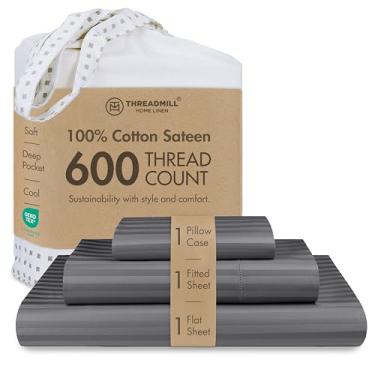 Imagem de Jogo de cama de solteiro Threadmill 100% algodão 600 fios, para colchões altos de 38,1 cm, em cetineta listrada adamascada com efeito refrescante, 3 peças, cinza-escuro