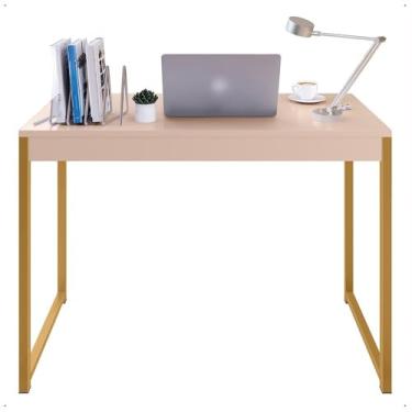 Imagem de Mesa Escrivaninha Estilo Industrial para Escritório e Home Office – Mesa para Computador Compacta com Estrutura Metálica e Fácil Montagem(OFF WHITE/DOURADO)