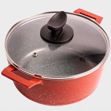 Imagem de Caçarola Cerâmica, 20cm, Vermelho e Cinza, 2,3L, Tampa de Vidro, Compatível com Forno e Fogão