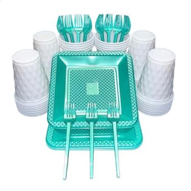 Imagem de Kit 260 Itens Descartaveis Festa Aniversário Prato Quadrado Diamante Plástico Colorido Perolado Candy Pastel (Branco Verde Perolado)