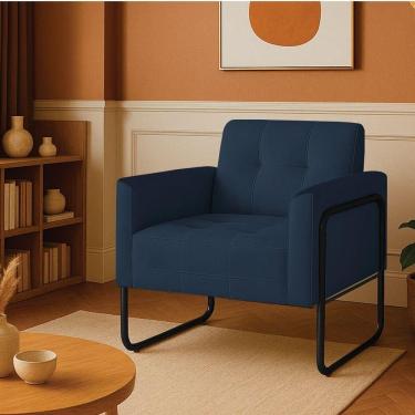 Imagem de Poltrona Sala Industrial Alta Tubo Preto Elisa Suede Azul Marinho D03 - D`rossi