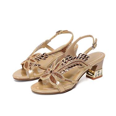 Imagem de Unicrystal Sandálias femininas feitas à mão com salto de cristal de strass para noite, casamento, formatura, salto 6,5 cm, Ouro 4, 8