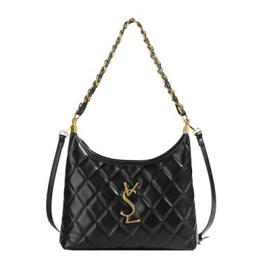 Imagem de Bolsa tiracolo acolchoada de couro vegano para mulheres – Bolsa de ombro preta com alça ajustável, fecho de zíper, bolsos internos