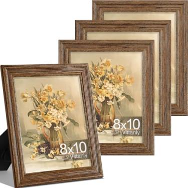 Imagem de Vittanly Conjunto de 4 porta-retratos 20 x 25 cm, moldura vintage para parede ou mesa, exibição de fotos 13 x 17 com tapete ou 20 x 25 sem tapete, decoração de casa de fazenda rústica, nogueira