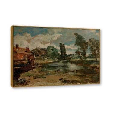 Imagem de Moldura de teca. Arte em tela romantismo estilo constável, (sem título 36), pintura de paisagem inglesa emoldurada, decoração de parede elegante para sala de estar escritório. 50 x 70 cm - 19,6 x 27,5