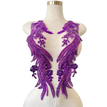 Imagem de Jpumley.pksn Apliques de renda de strass feitos à mão costurados em miçangas para acessórios de roupas de vestido 1 par/bolsa 14 x 20 cm (roxo)