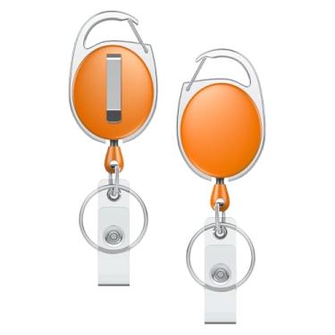 Imagem de Uniclife Pacote com 2 chaveiros retráteis, carretel de crachá retrátil, clipe resistente para chaves e cartão de identificação, extensor de chaveiro com clipe de cinto mosquetão e chaveiro, laranja