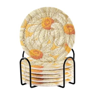 Imagem de Qilmy Conjunto de 6 peças para copos de flores de margaridas bonitas ou porta-copos de bar para bebidas, porta-copos de fazenda ou porta-copos de mesa rústicos, porta-copos modernos de algodão para o
