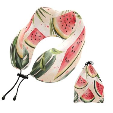 Imagem de CEBUGI Travesseiros de viagem portáteis em forma de U, travesseiro de pescoço de espuma viscoelástica com trava de corda ajustável para avião, viagem, trem, negócios, escritório, soneca (melancia)
