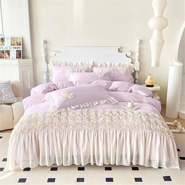 Imagem de XLCZMYL Conjunto de 3 peças rosa suave para a pele flores tridimensionais bordadas renda babados princesa jogo de cama capa de edredom com fronhas, 3.220 x 240 cm, 3 peças