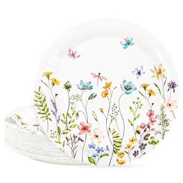 Imagem de AllReal 48 peças de pratos de papel de flores silvestres descartáveis primavera floral prato de festa 18 cm sobremesa botânica pratos de borboletas para chá de bebê nupcial piquenique chá de festa