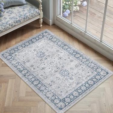 Imagem de PureCozy Tapete de área azul 2x3 lavável vintage tapete de entrada pequeno antiderrapante pilha baixa cozinha banheiro acento tapete entrada quarto escritório sala de estar