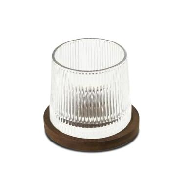 Imagem de Copo giratório de uísque com base de madeira, vidro cristalino, rotação estável, para uísque, bourbon, Scotch elegante bar para bebidas, presente exclusivo para amantes de uísque (Listrado)