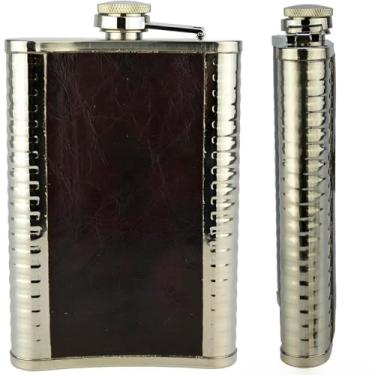 Imagem de Cantil de Aço Inox com Couro Ecológico Marrom, 254,7ml, Tampa de Rosca com Vedação Hermética, 14cm x 9,5cm x 3cm