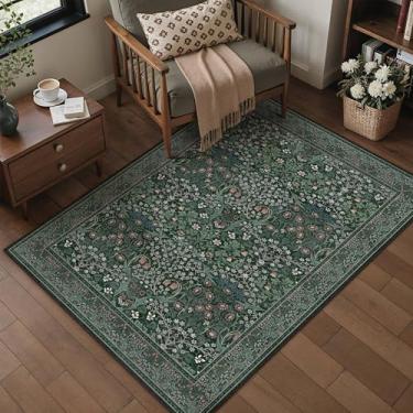 Imagem de HUGEAR Tapetes de área vintage florais laváveis 7,5 x 12,5 cm, verde - retrô neutro estilo oriental, resistente a manchas, antiderrapante, para crianças e animais de estimação, para sala de estar