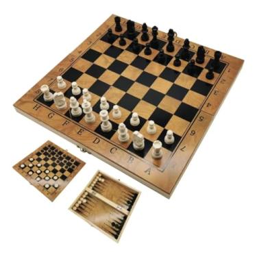 Imagem de Jogo de Tabuleiro 3 em 1, Xadrez Dama Gamão, Madeira, 30x30cm, Preto, 62 Peças Incluídas, Idade 3+