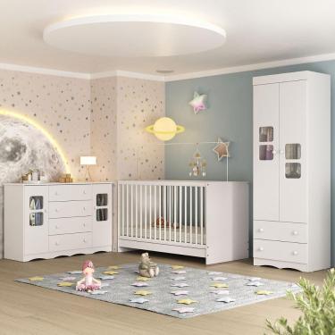 Imagem de Quarto De Bebê Completo Com Berço 3 Em 1 Para Colchão 130x60cm Serena Multimóveis MP4531 Branco