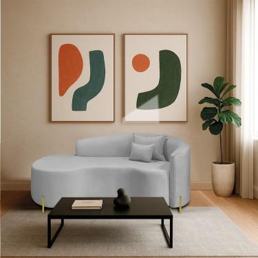 Imagem de Divã Recamier Curvo Sala De Estar Recepção Inglaterra 180cm Pés Metal Dourado Lado Esquerdo Linho Cinza Claro