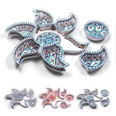 Imagem de Kamsah Prato de servir em forma de estrela – 8 peças de pratos coloridos de cerâmica pintados à mão para lanches, aperitivos, molhos e muito mais – Travessas decorativas marroquinas para celebrações