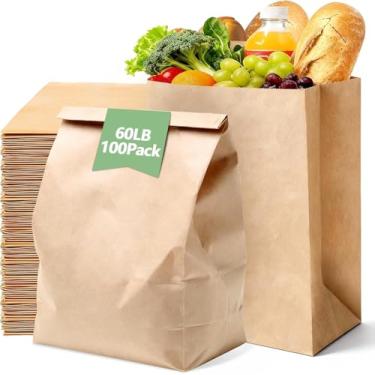 Imagem de EKACO Pacote com 100 sacos grandes de papel marrom de 30 x 17 x 43 cm, sacos de papel Kraft resistentes de 27 kg para compras, almoço, viagem, varejo e reciclagem